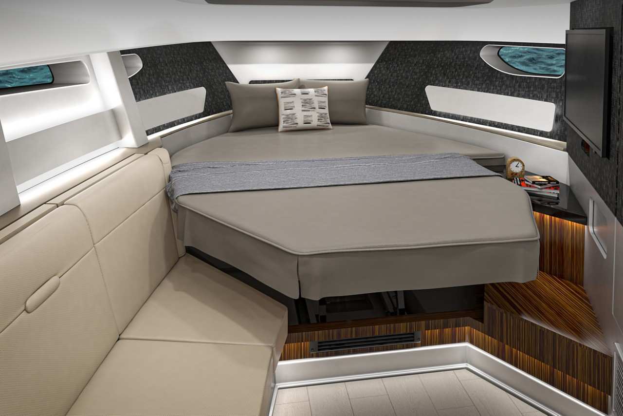 Sundancer 370 Outboard cabin v berth bed rendering